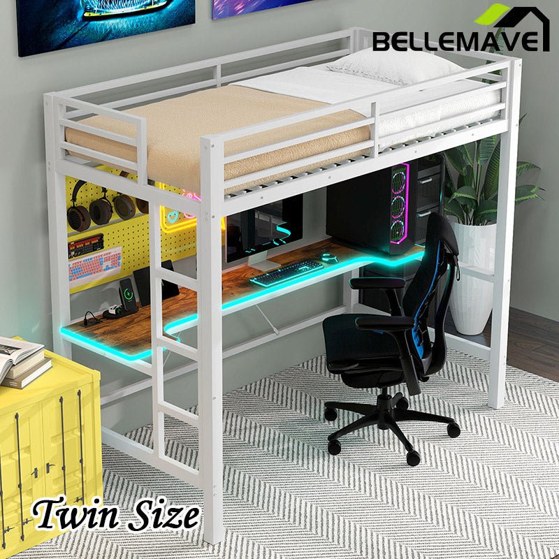 Bellemave® Gaming Metal Loft Bed with LED Light and Desk - Bellemave