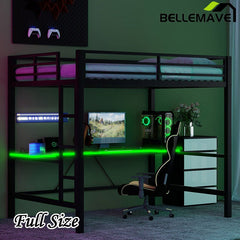 Bellemave® Gaming Metal Loft Bed with LED Light and Desk - Bellemave