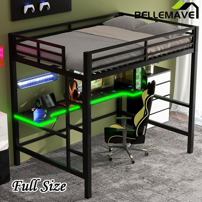 Bellemave® Gaming Metal Loft Bed with LED Light and Desk - Bellemave