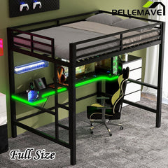 Bellemave® Gaming Metal Loft Bed with LED Light and Desk - Bellemave