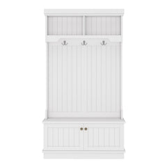 Bellemave® Hall Tree with Bench and Shoe Storage Shelf, Wood Hall Tree with 4 Hooks/Mudroom Bench with Storage and Hooks, Wood Hall Trees for Entryway, Hallway, Living Room, White - Bellemave