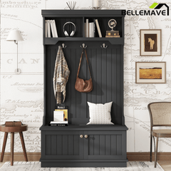 Bellemave® Hall Tree with Bench and Shoe Storage Shelf, Wood Hall Tree with 4 Hooks/Mudroom Bench with Storage and Hooks, Wood Hall Trees for Entryway, Hallway, Living Room, White - Bellemave