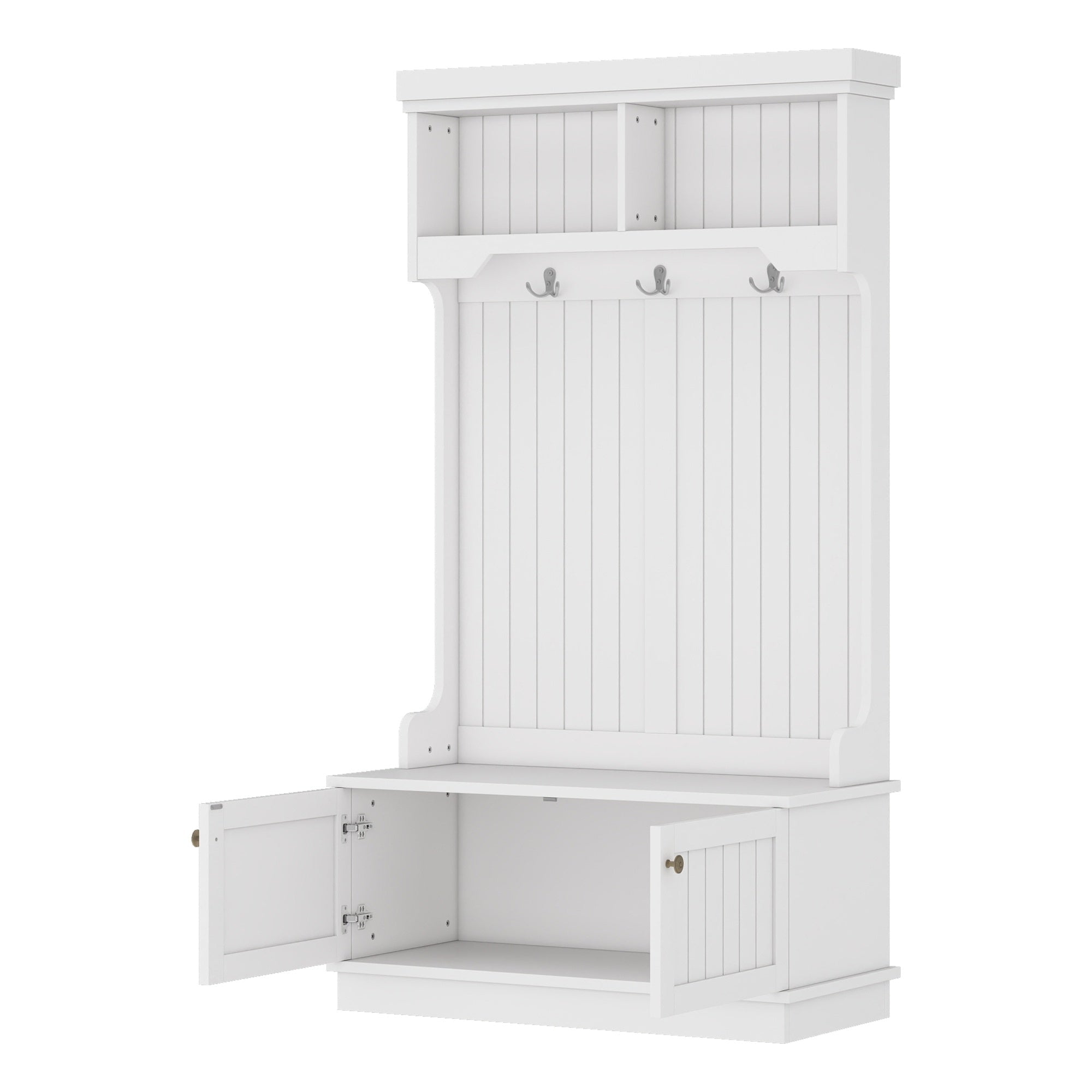 Bellemave® Hall Tree with Bench and Shoe Storage Shelf, Wood Hall Tree with 4 Hooks/Mudroom Bench with Storage and Hooks, Wood Hall Trees for Entryway, Hallway, Living Room, White - Bellemave