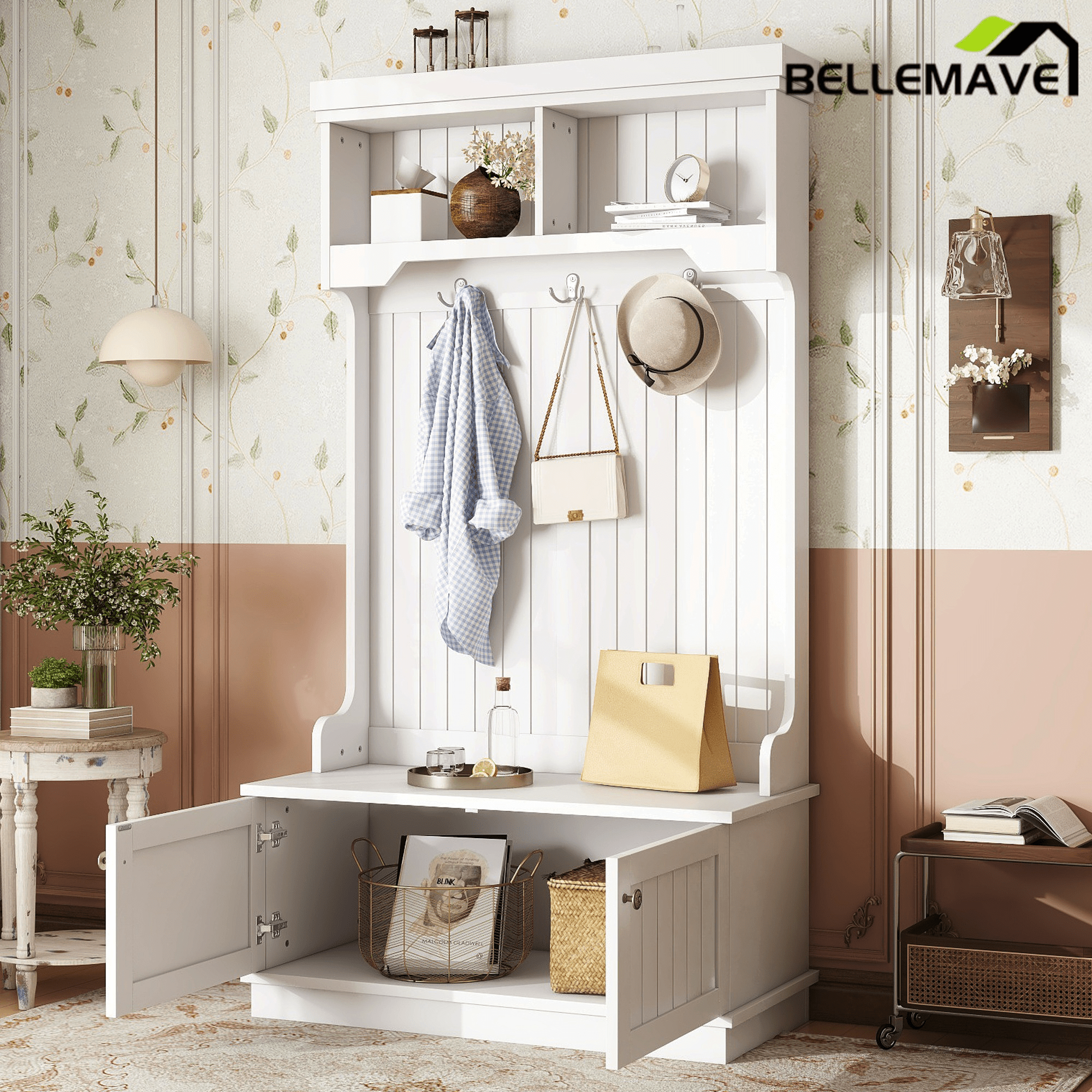 Bellemave® Hall Tree with Bench and Shoe Storage Shelf, Wood Hall Tree with 4 Hooks/Mudroom Bench with Storage and Hooks, Wood Hall Trees for Entryway, Hallway, Living Room, White - Bellemave