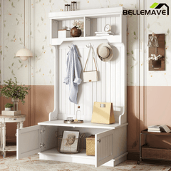 Bellemave® Hall Tree with Bench and Shoe Storage Shelf, Wood Hall Tree with 4 Hooks/Mudroom Bench with Storage and Hooks, Wood Hall Trees for Entryway, Hallway, Living Room, White - Bellemave