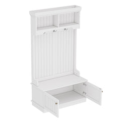 Bellemave® Hall Tree with Bench and Shoe Storage Shelf, Wood Hall Tree with 4 Hooks/Mudroom Bench with Storage and Hooks, Wood Hall Trees for Entryway, Hallway, Living Room, White - Bellemave