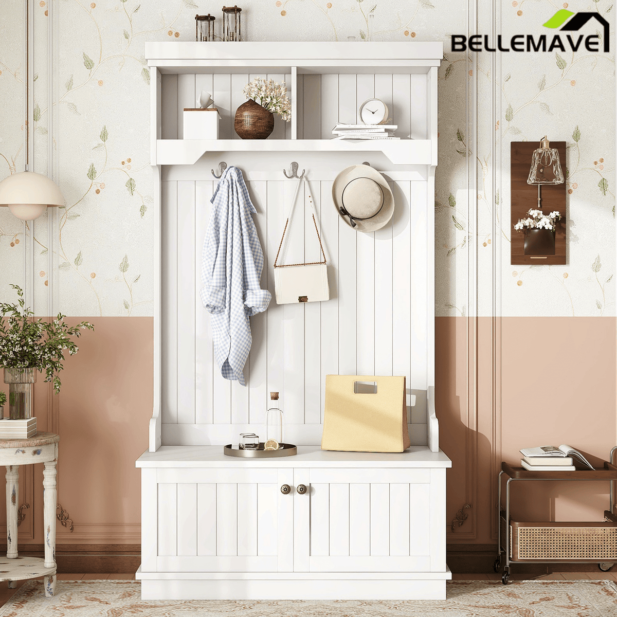 Bellemave® Hall Tree with Bench and Shoe Storage Shelf, Wood Hall Tree with 4 Hooks/Mudroom Bench with Storage and Hooks, Wood Hall Trees for Entryway, Hallway, Living Room, White - Bellemave