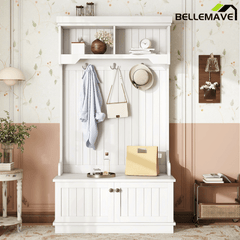 Bellemave® Hall Tree with Bench and Shoe Storage Shelf, Wood Hall Tree with 4 Hooks/Mudroom Bench with Storage and Hooks, Wood Hall Trees for Entryway, Hallway, Living Room, White - Bellemave