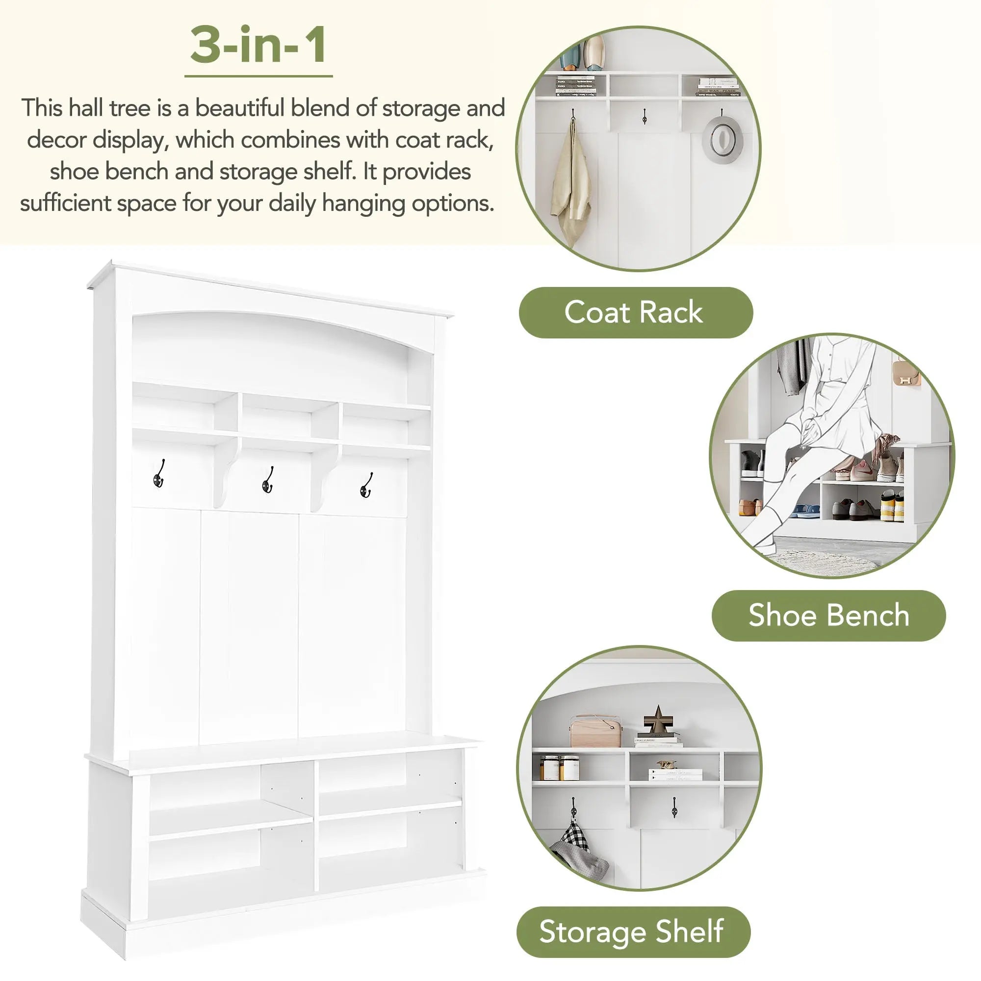 Bellemave® Hall Tree with Bench and Shoe Storage, with 3 Hanging Hooks, Rectangle Storage & Shelves - Bellemave