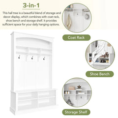 Bellemave® Hall Tree with Bench and Shoe Storage, with 3 Hanging Hooks, Rectangle Storage & Shelves - Bellemave