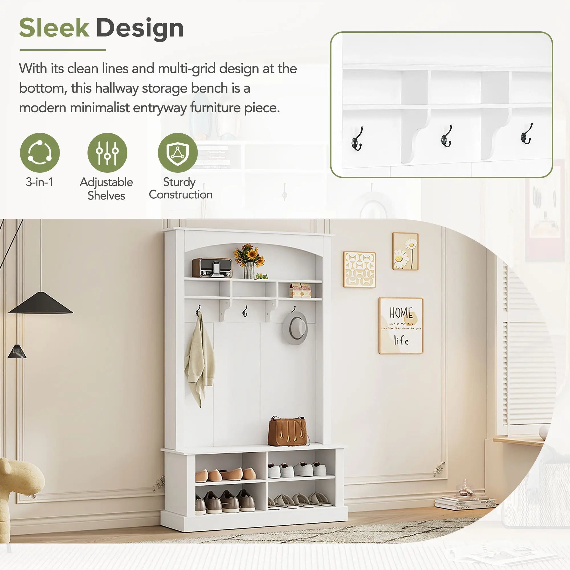 Bellemave® Hall Tree with Bench and Shoe Storage, with 3 Hanging Hooks, Rectangle Storage & Shelves - Bellemave