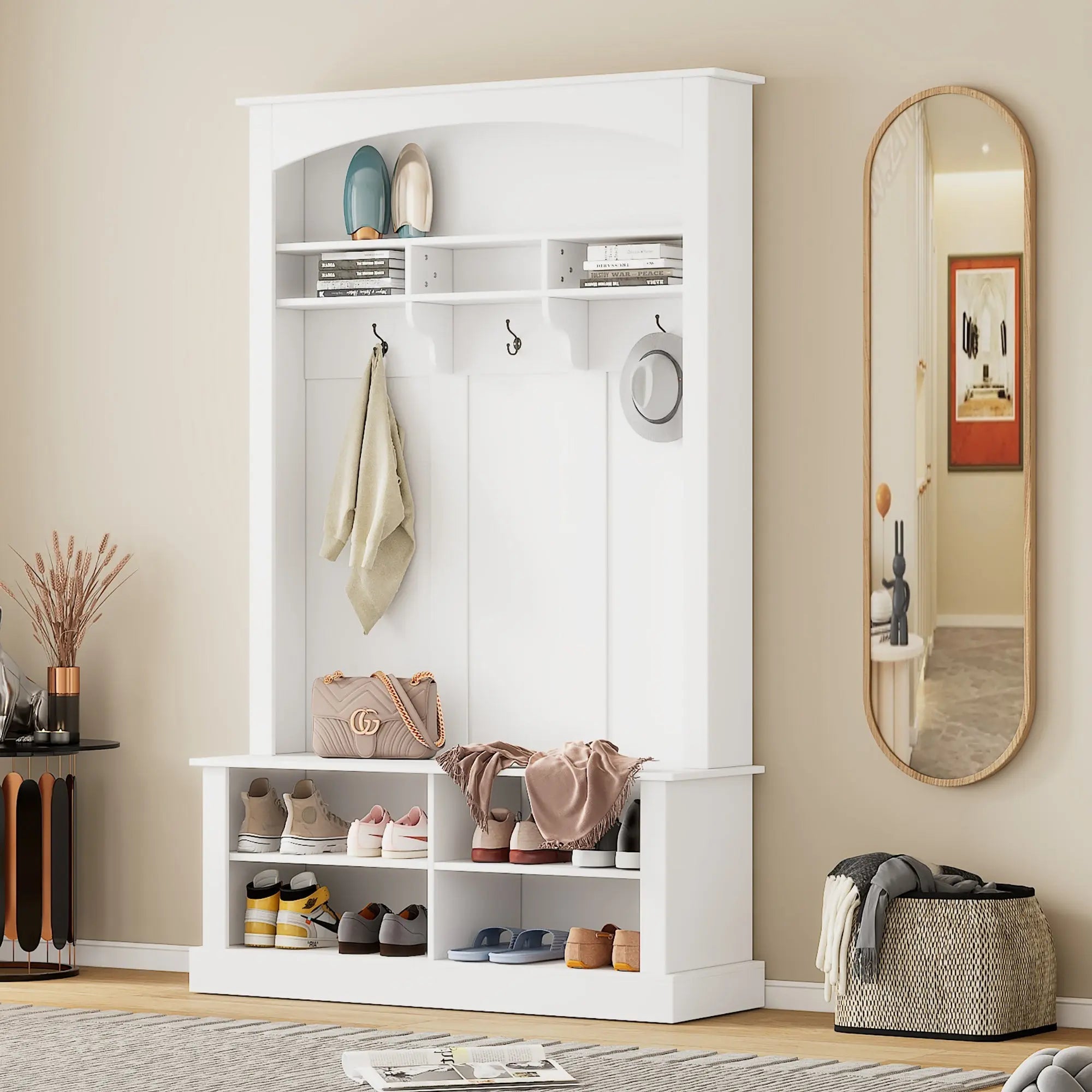 Bellemave® Hall Tree with Bench and Shoe Storage, with 3 Hanging Hooks, Rectangle Storage & Shelves - Bellemave