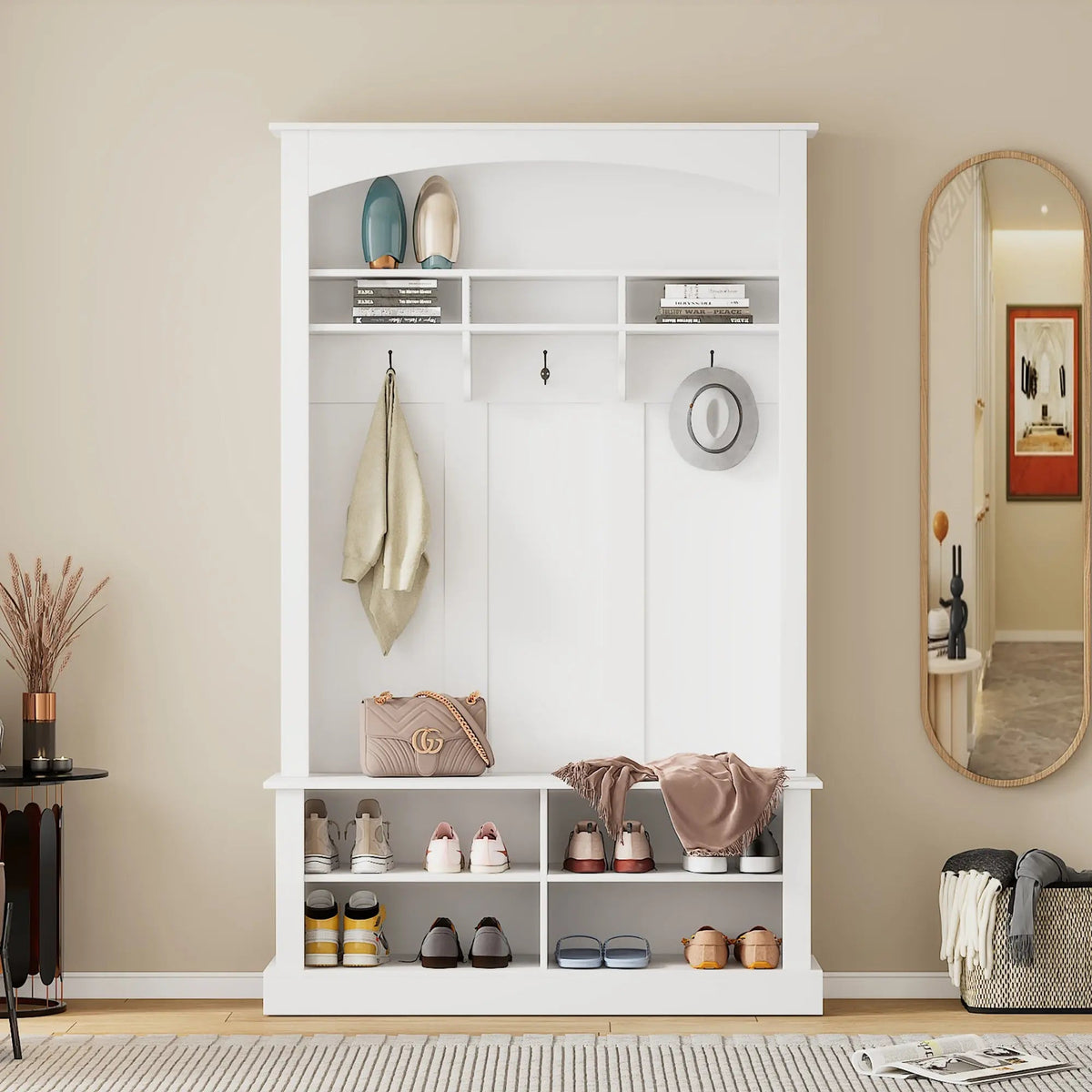 Bellemave® Hall Tree with Bench and Shoe Storage, with 3 Hanging Hooks, Rectangle Storage & Shelves - Bellemave