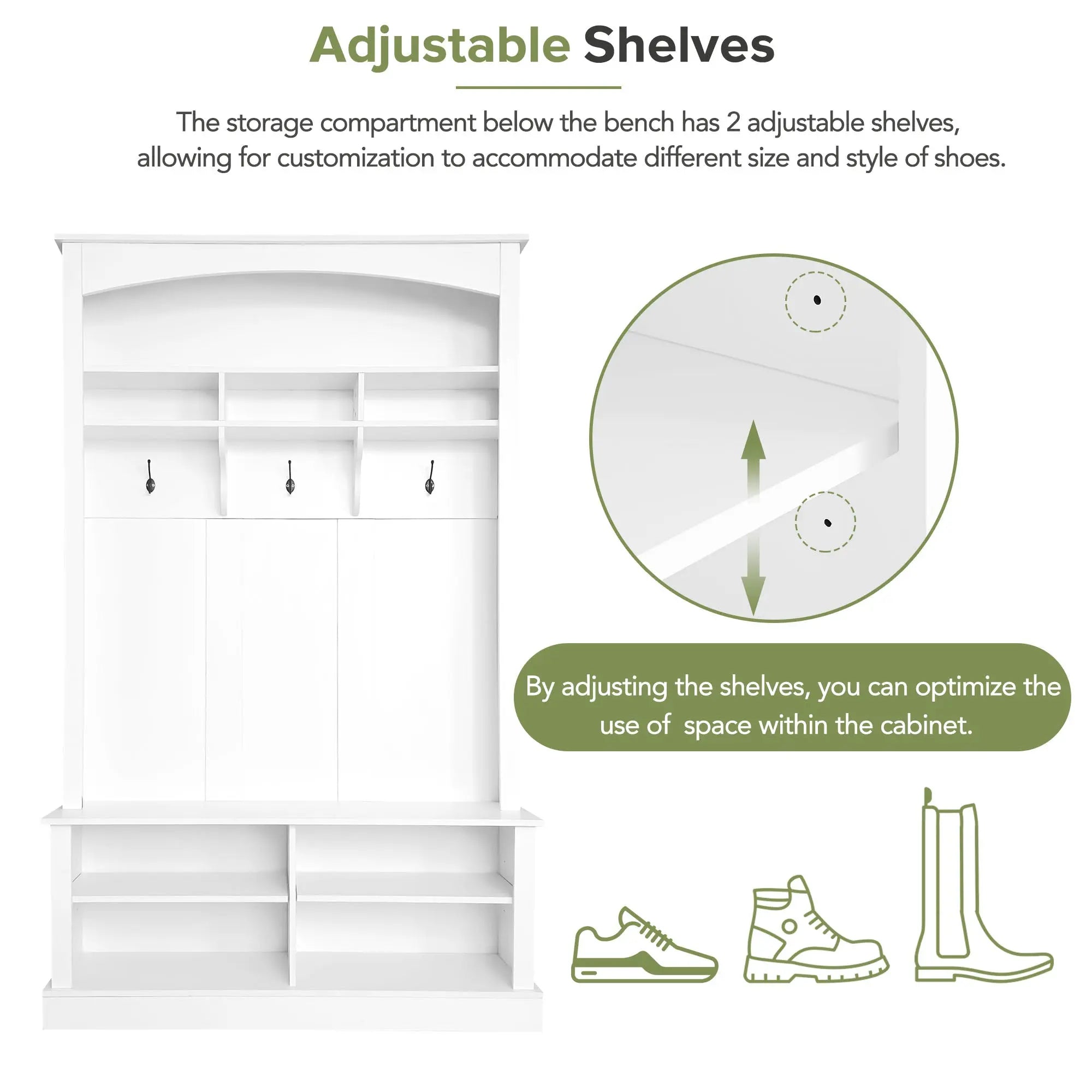 Bellemave® Hall Tree with Bench and Shoe Storage, with 3 Hanging Hooks, Rectangle Storage & Shelves - Bellemave