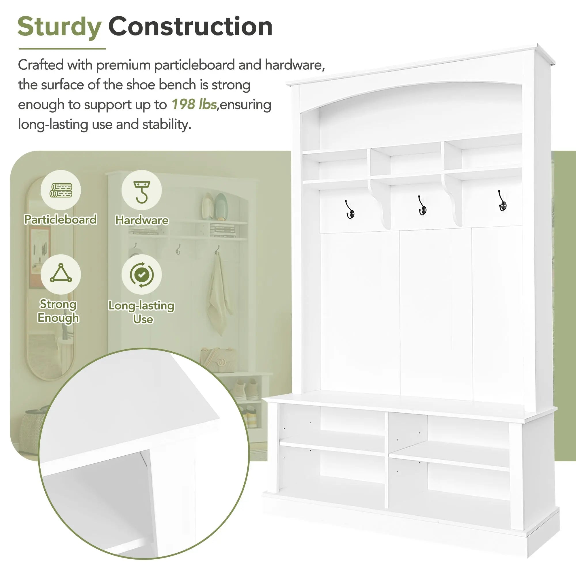 Bellemave® Hall Tree with Bench and Shoe Storage, with 3 Hanging Hooks, Rectangle Storage & Shelves - Bellemave