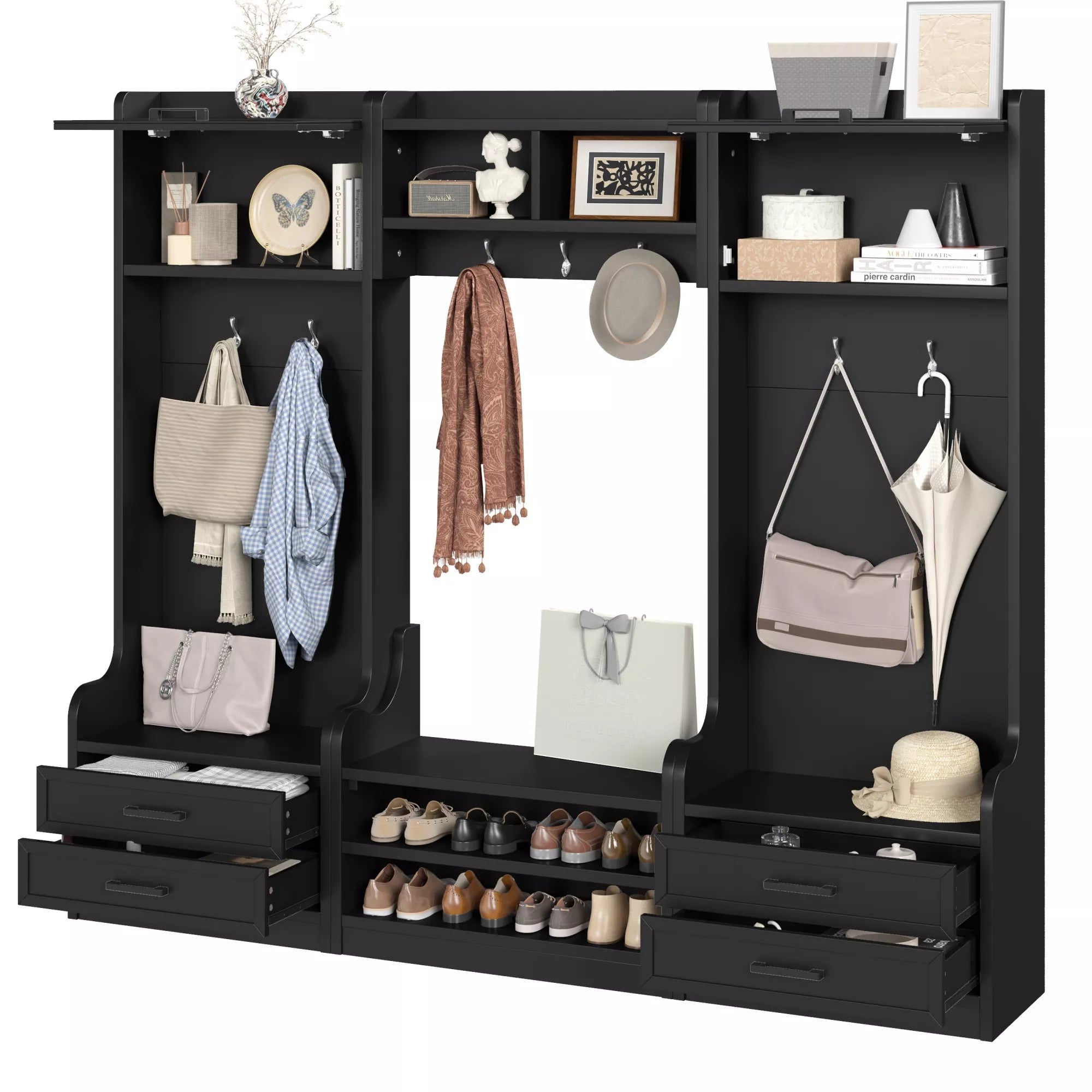 Black hall tree with 7 hooks, storage drawers, cabinets, and shoe shelves