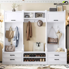 Front view of the white hall tree with cabinets, hooks, and open shoe shelves