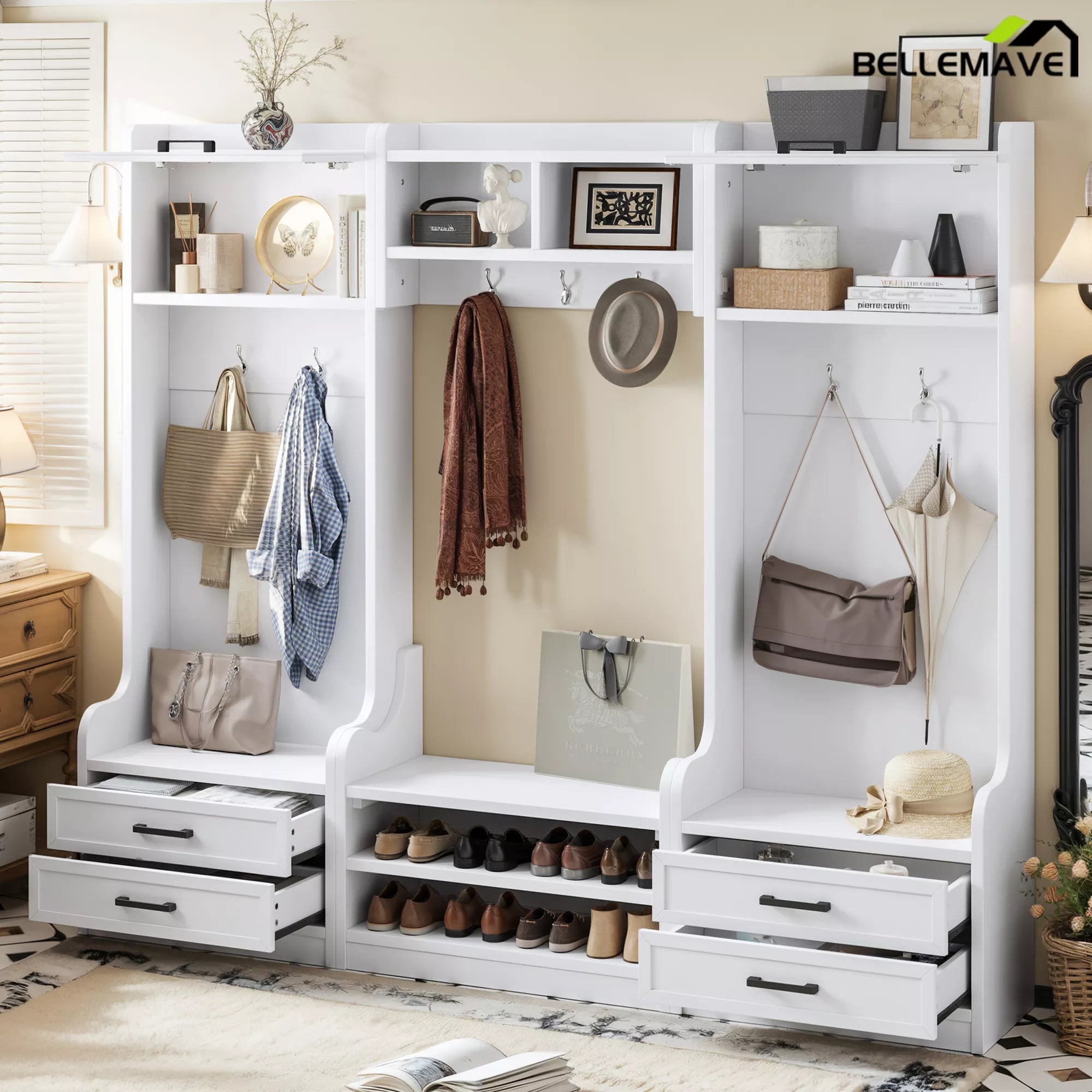 White hall tree with coat hooks, storage drawers, cabinets, and shoe shelves