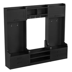 Black entryway hall tree with cabinets, open shelves, and shoe bench
