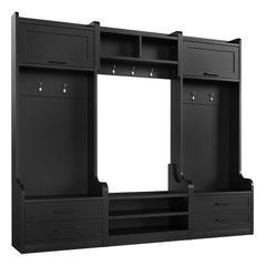 Black hall tree with upper storage cabinets, coat hooks, and lower drawers