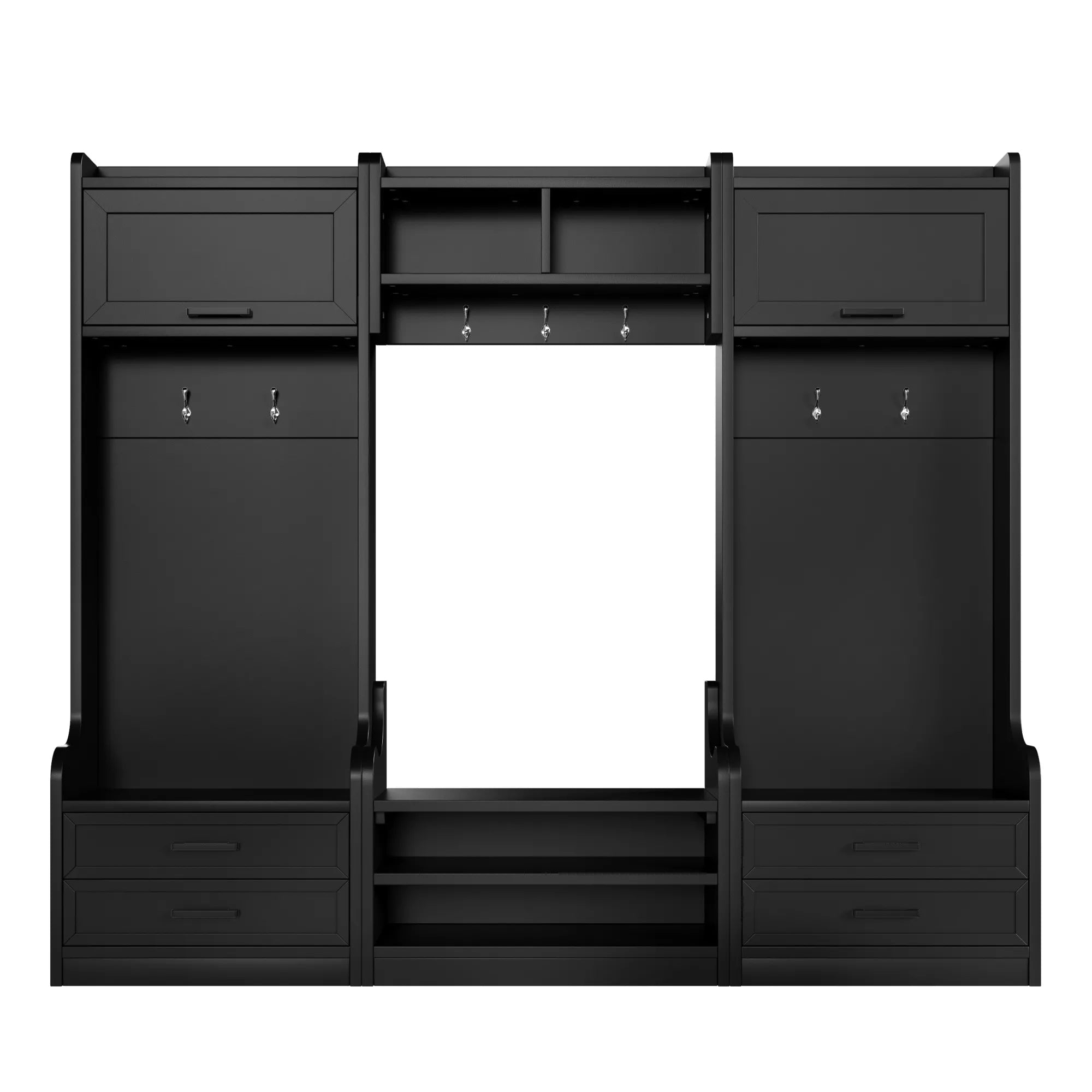Front view of the black entryway hall tree with cabinets, hooks, and drawers