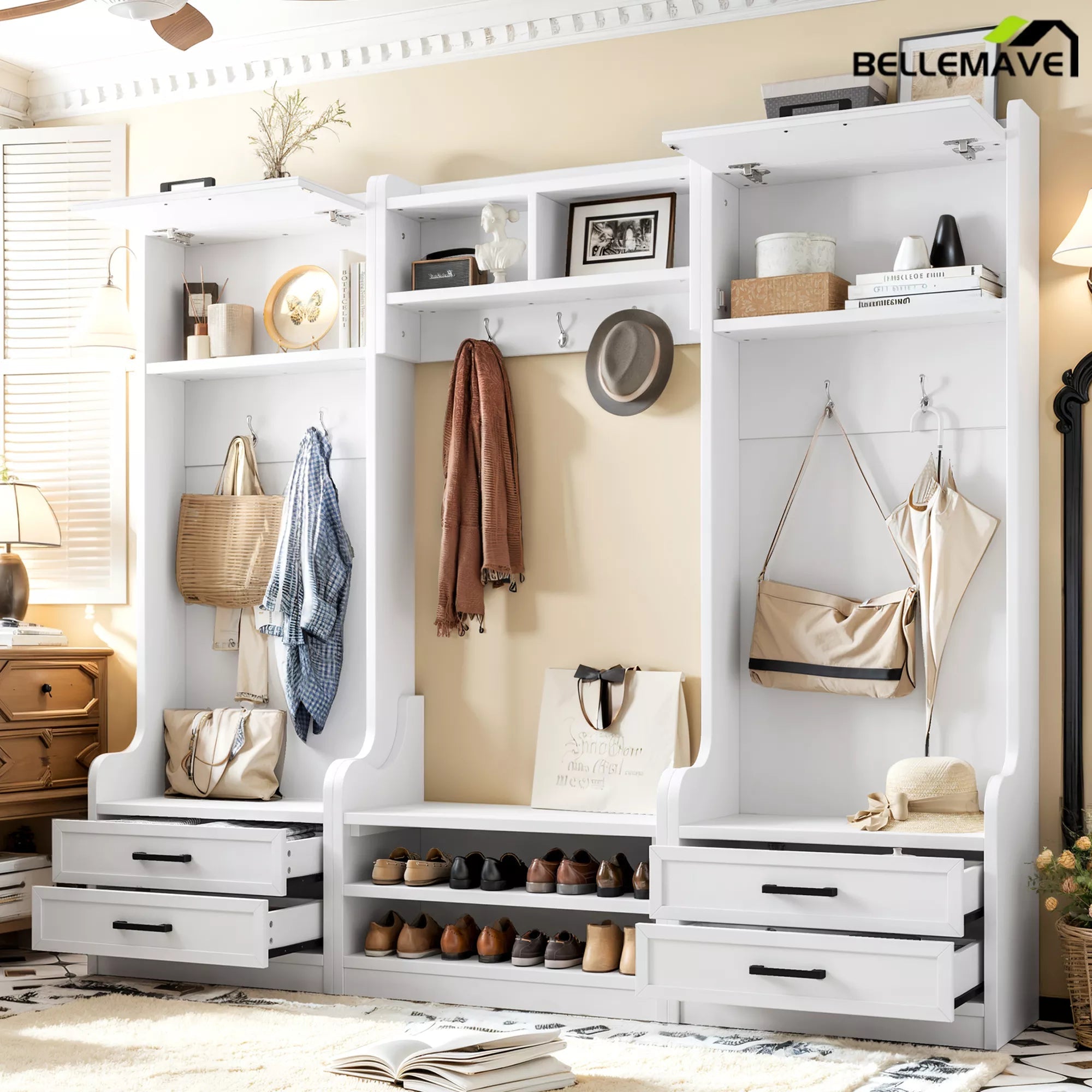 White entryway hall tree with shoe bench, coat hooks, and storage compartments