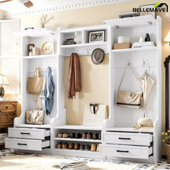 White entryway hall tree with shoe bench, coat hooks, and storage compartments