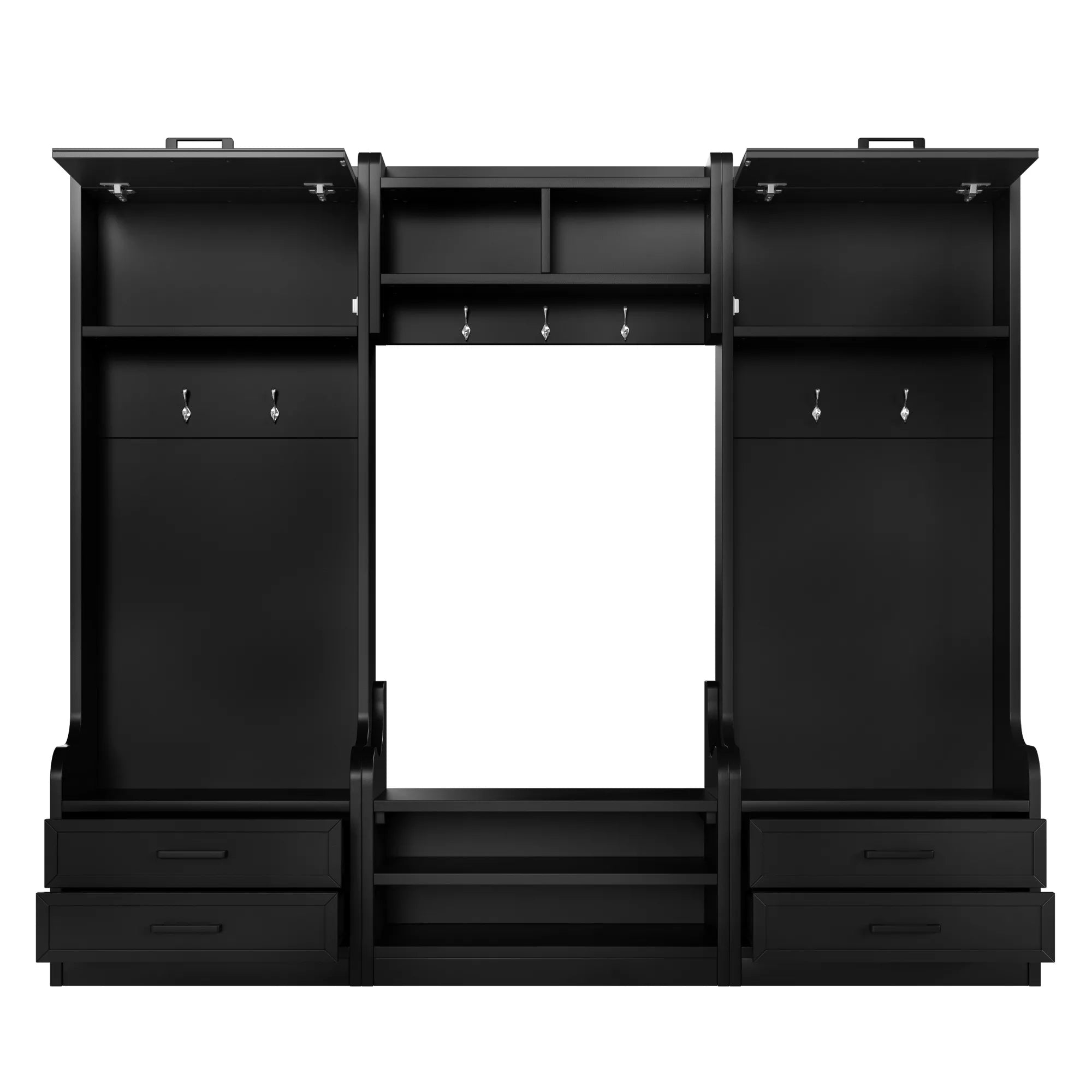Front view of the black hall tree with storage compartments and lower shoe shelves