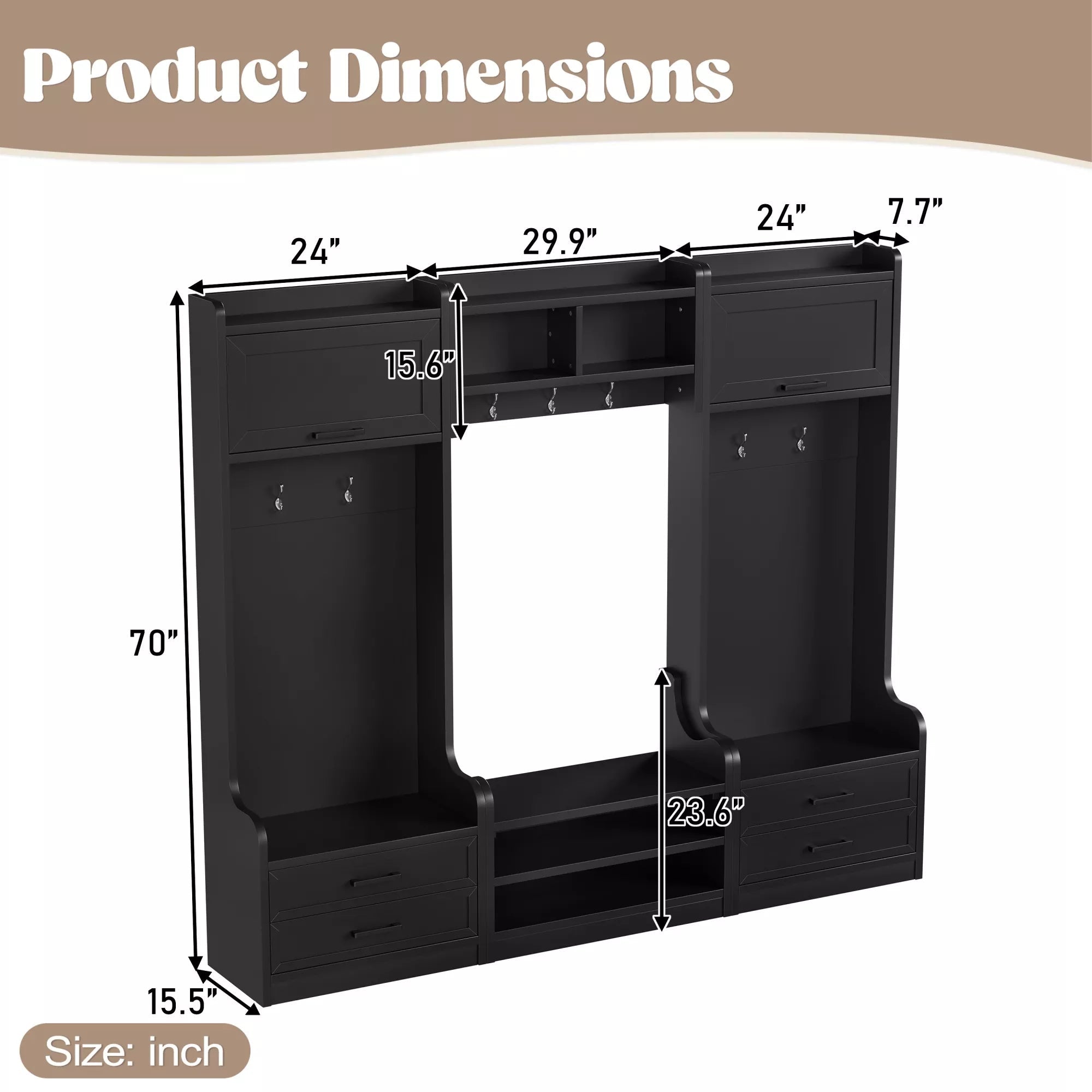 Dimensions diagram of the black hall tree with shoe bench and storage cabinets