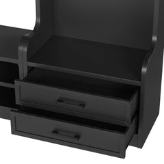Close-up of the black hall tree storage drawers and handles