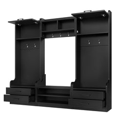 Black hall tree with side cabinets, hanging hooks, drawers, and shoe shelves