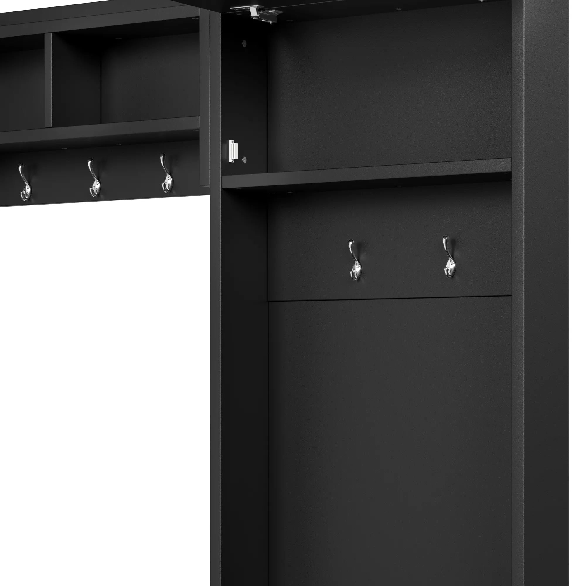 Close-up of the side cabinet and hooks on the black hall tree
