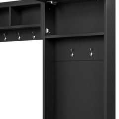Close-up of the side cabinet and hooks on the black hall tree