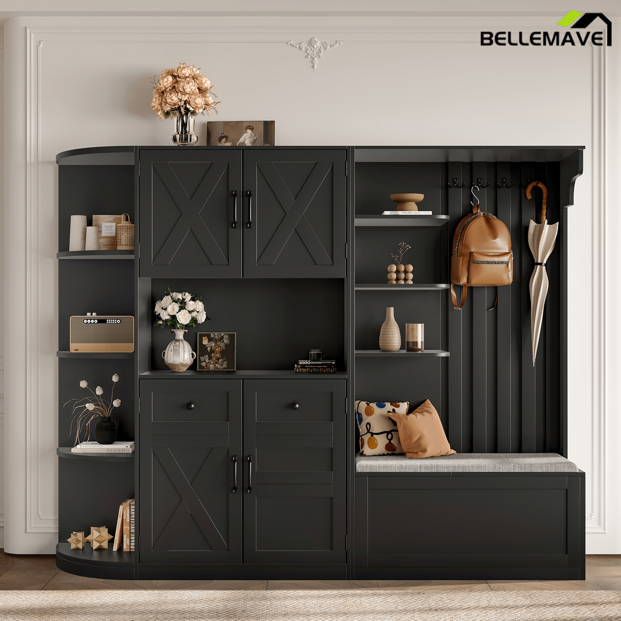 Bellemave® Hall Tree with Storage Cabinet, Hall Tree with 4 Hooks, Storage Cabinet for Living Room, Hallway, Enterway, Antique Blue - Bellemave