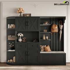 Bellemave® Hall Tree with Storage Cabinet, Hall Tree with 4 Hooks, Storage Cabinet for Living Room, Hallway, Enterway, Antique Blue - Bellemave