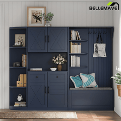 Bellemave® Hall Tree with Storage Cabinet, Hall Tree with 4 Hooks, Storage Cabinet for Living Room, Hallway, Enterway, Antique Blue - Bellemave