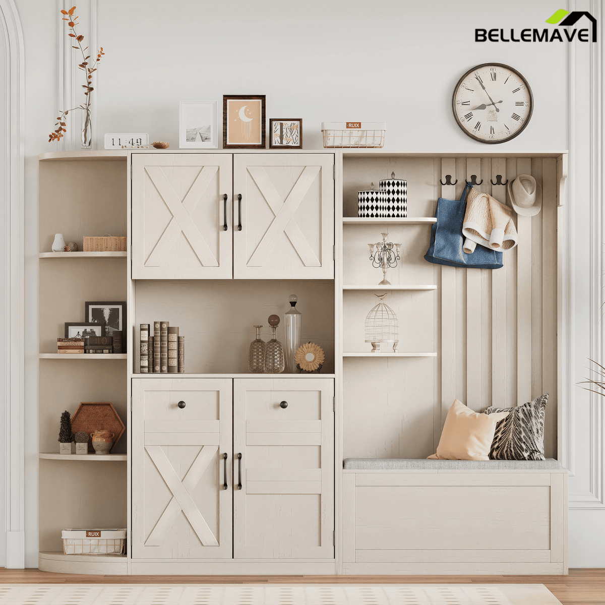 Bellemave® Hall Tree with Storage Cabinet, Hall Tree with 4 Hooks, Storage Cabinet for Living Room, Hallway, Enterway, Antique Blue - Bellemave