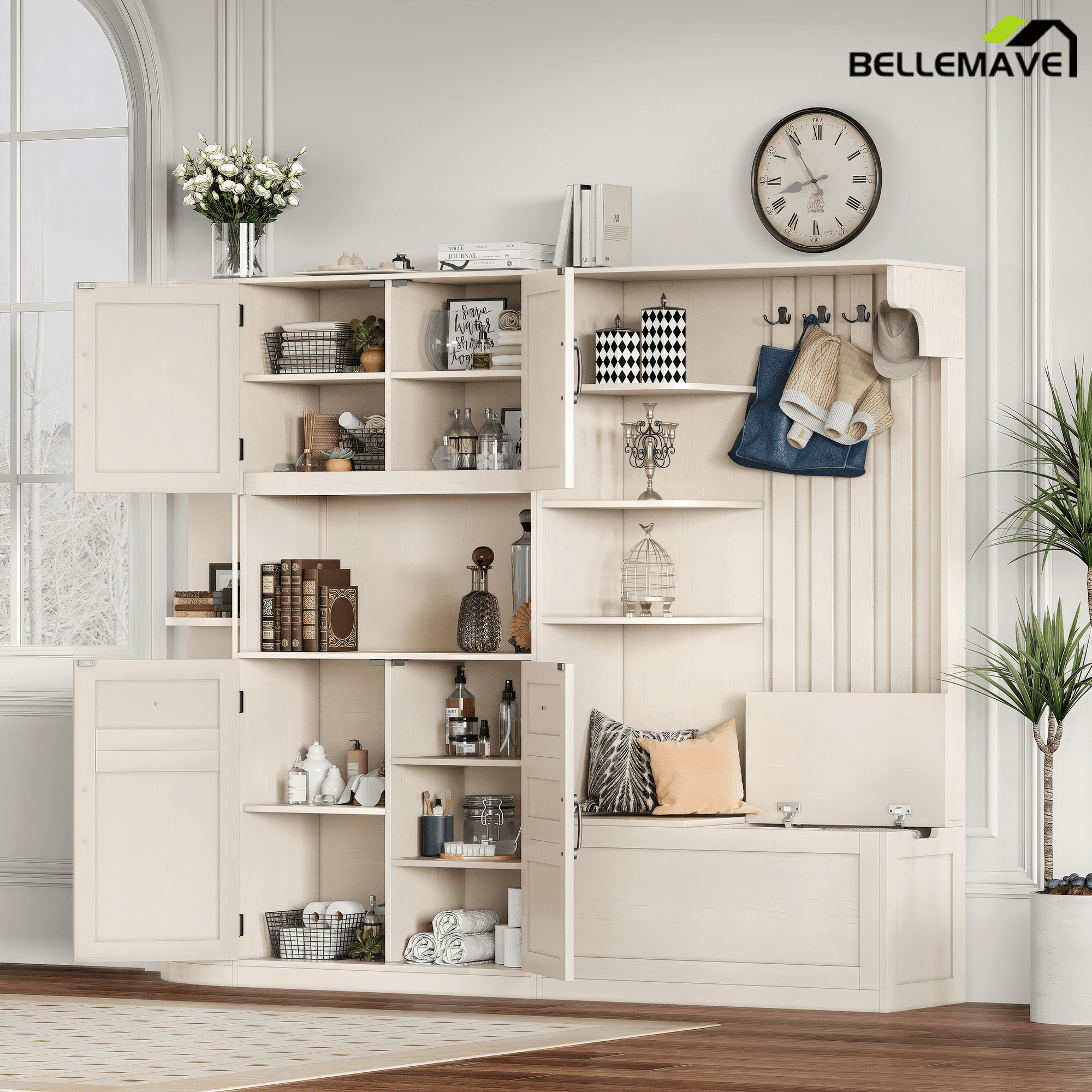 Bellemave® Hall Tree with Storage Cabinet, Hall Tree with 4 Hooks, Storage Cabinet for Living Room, Hallway, Enterway, Antique Blue - Bellemave