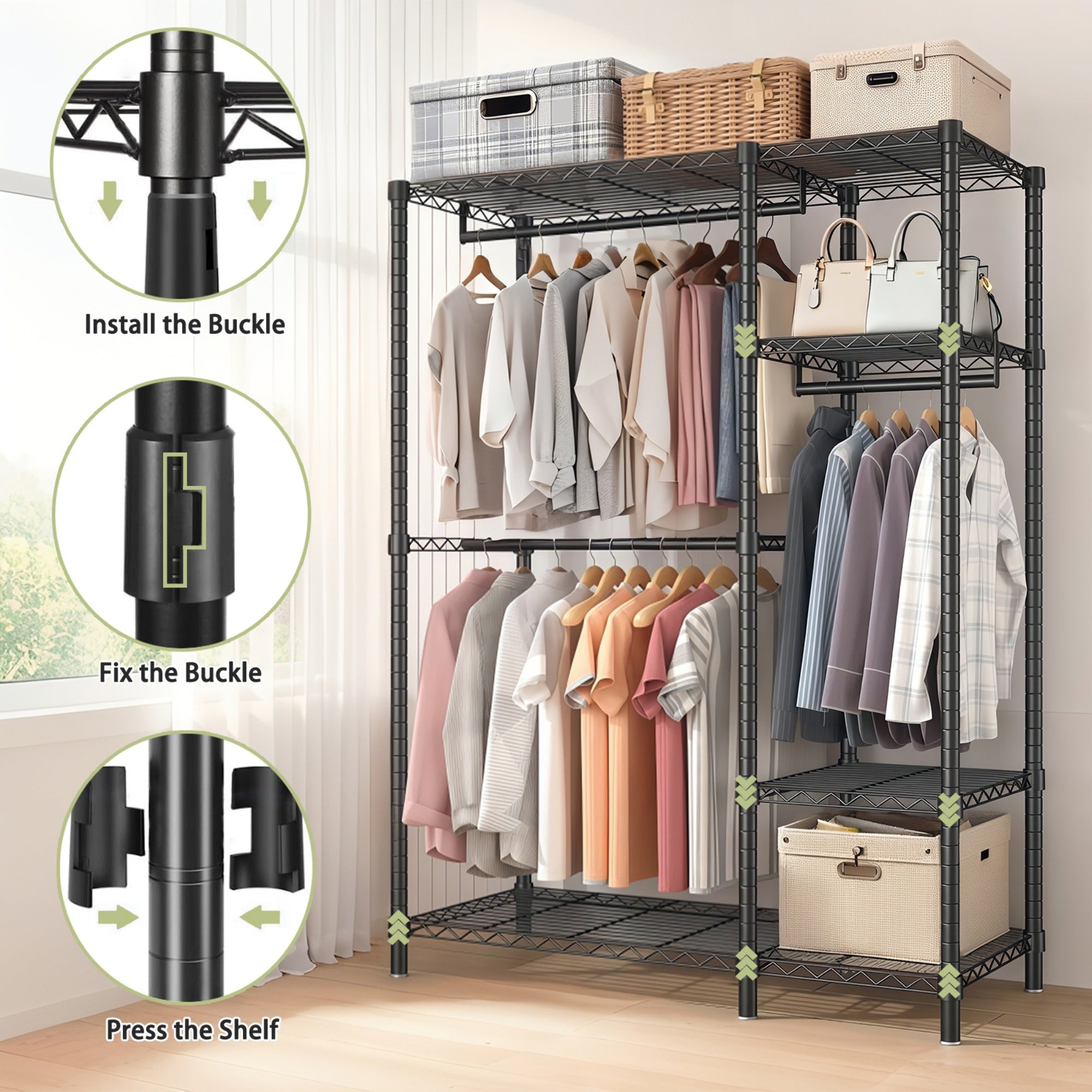 Bellemave® Heavy Duty Garment Rack, Freestanding Closet Organizer, Portable Wardrobe Clothes Rack, Adjustable Wire Shelving Clothes Rack - Bellemave
