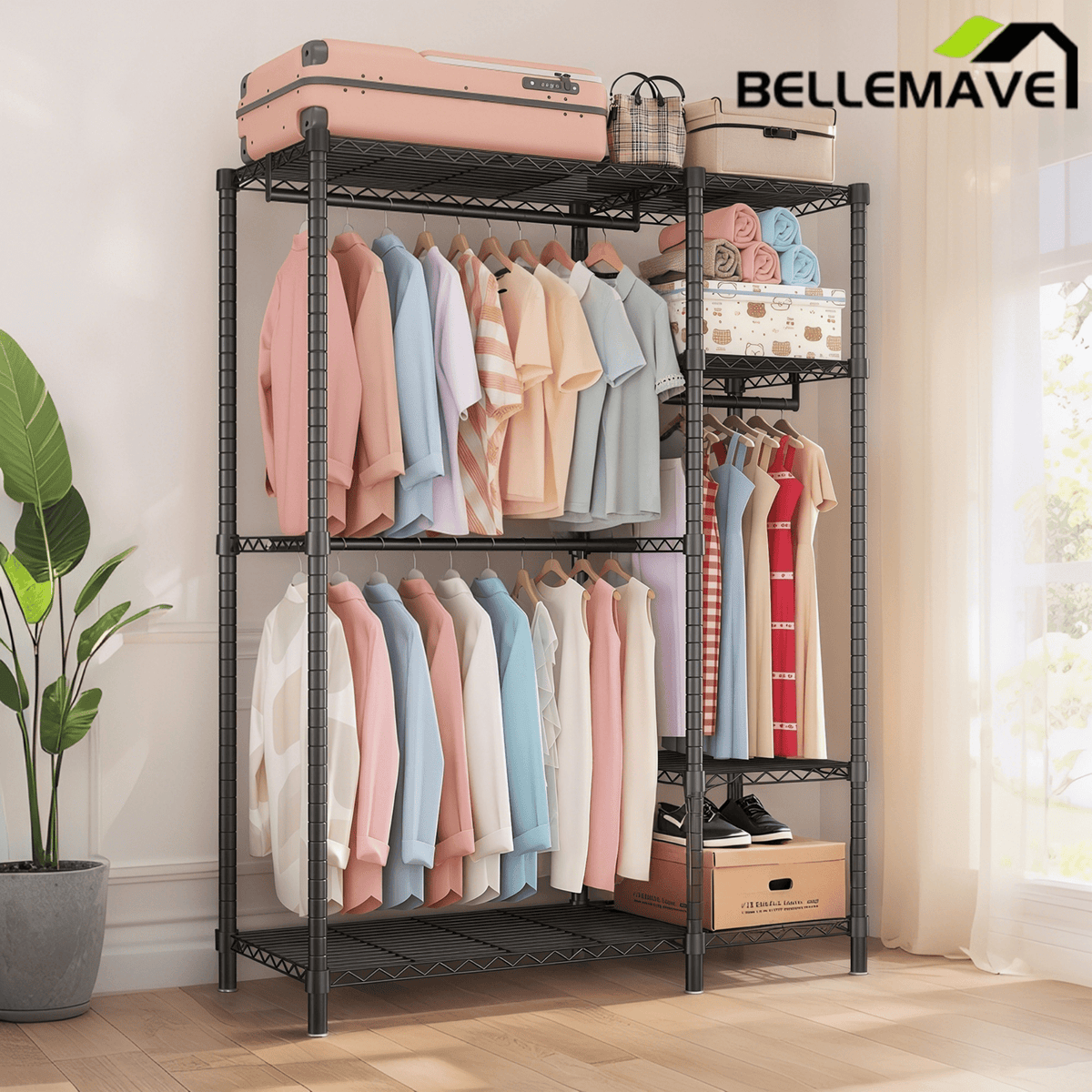 Bellemave® Heavy Duty Garment Rack, Freestanding Closet Organizer, Portable Wardrobe Clothes Rack, Adjustable Wire Shelving Clothes Rack - Bellemave