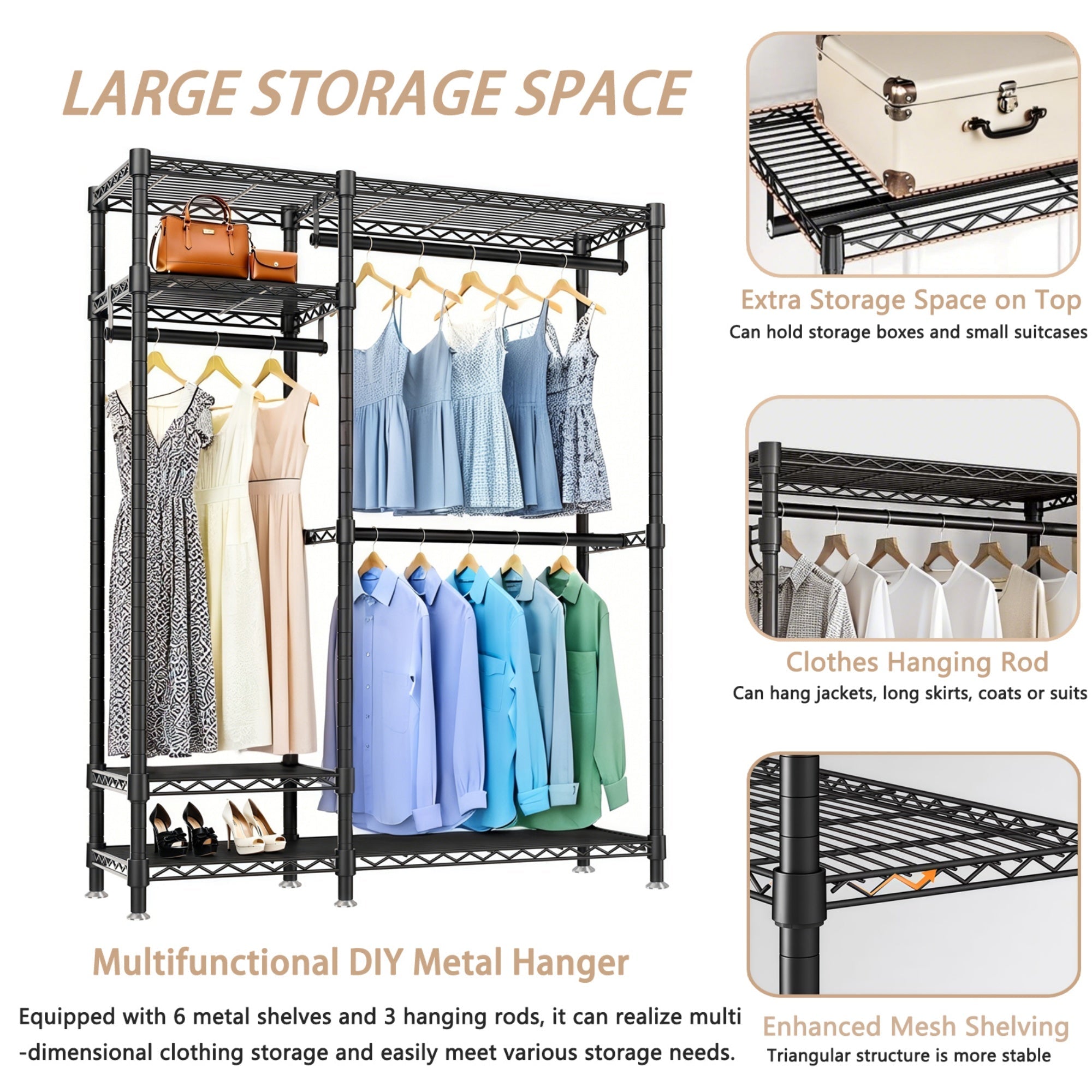 Bellemave® Heavy Duty Garment Rack, Freestanding Closet Organizer, Portable Wardrobe Clothes Rack, Adjustable Wire Shelving Clothes Rack - Bellemave