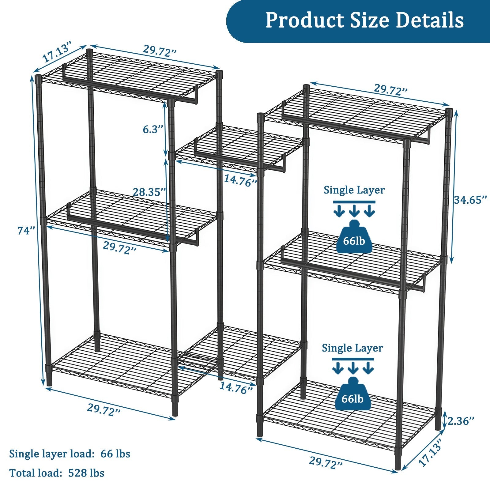 Bellemave® Heavy Duty Garment Rack, Freestanding Closet Organizer, Portable Wardrobe Clothes Rack, Adjustable Wire Shelving Clothes Rack - Bellemave