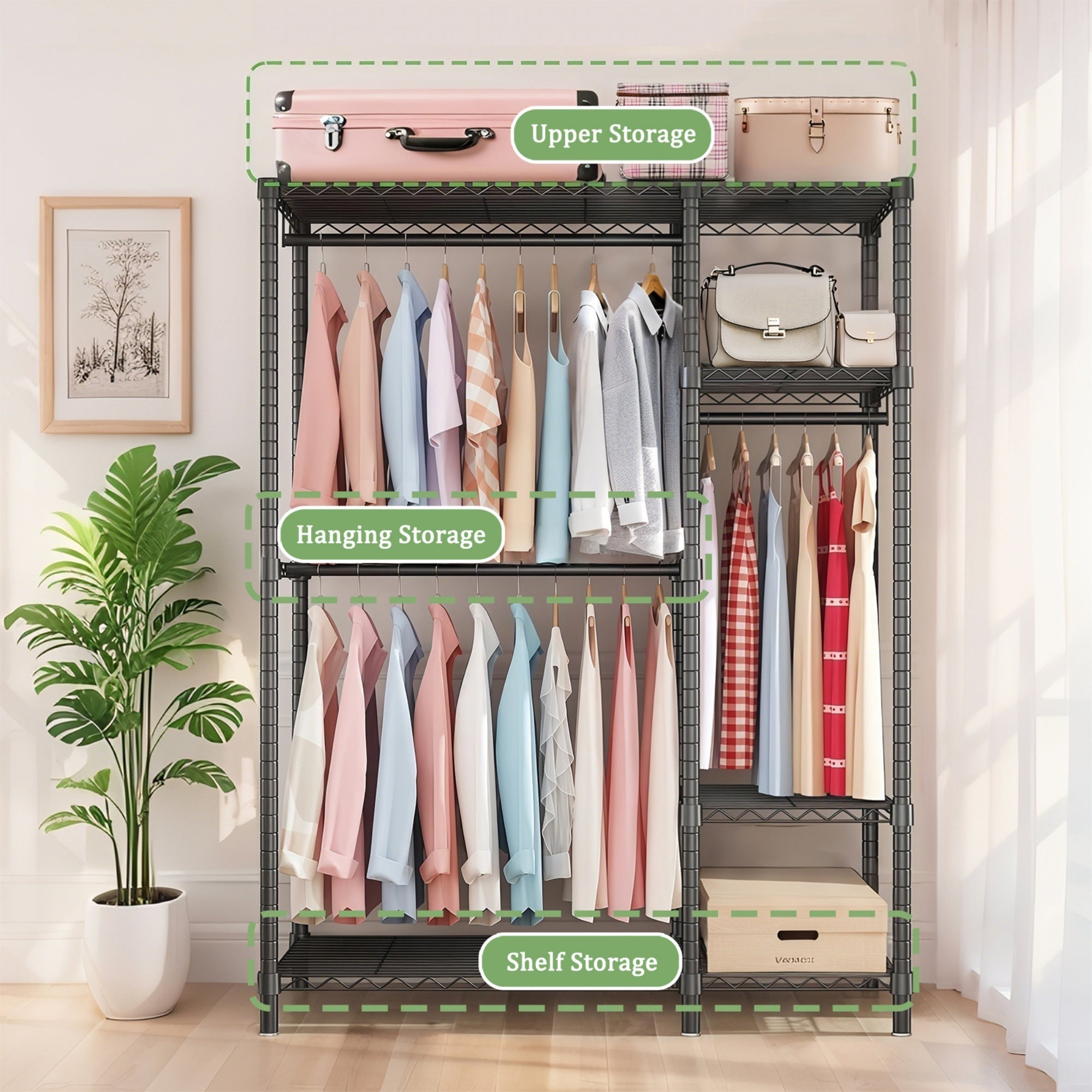 Bellemave® Heavy Duty Garment Rack, Freestanding Closet Organizer, Portable Wardrobe Clothes Rack, Adjustable Wire Shelving Clothes Rack - Bellemave