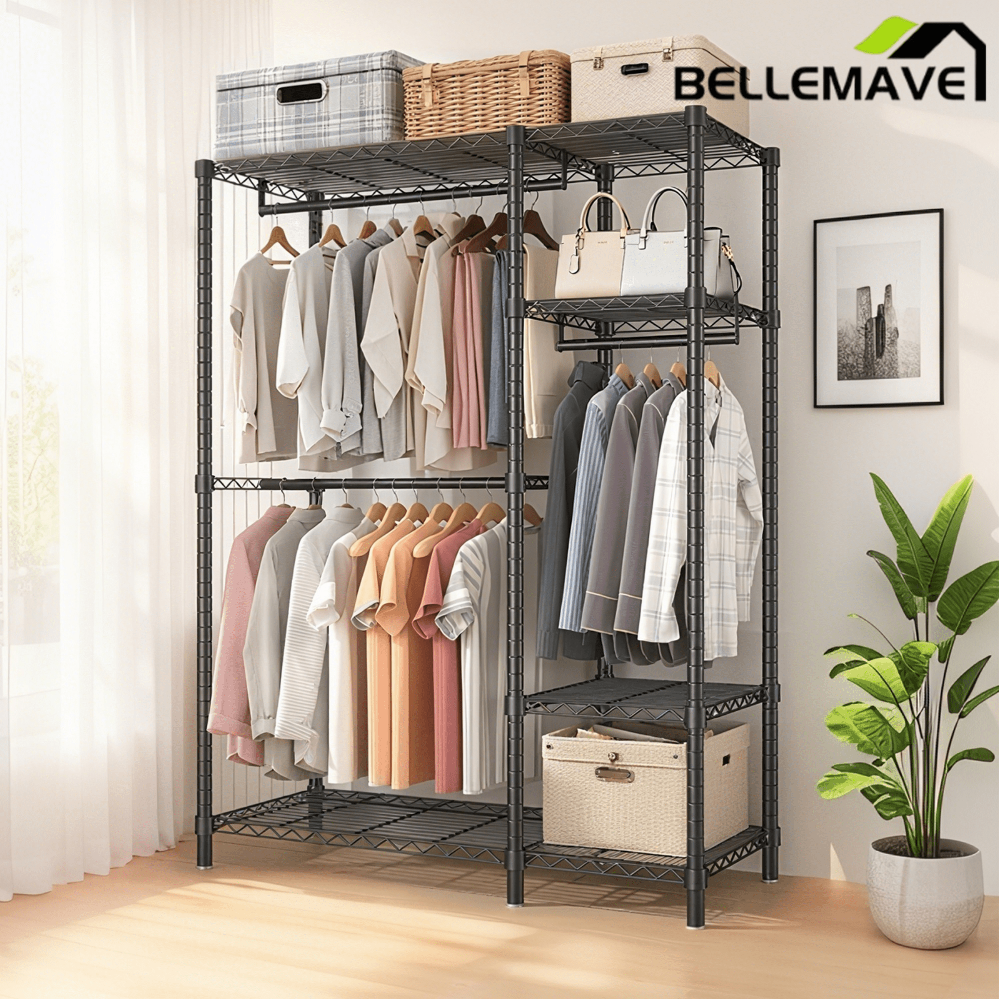Bellemave® Heavy Duty Garment Rack, Freestanding Closet Organizer, Portable Wardrobe Clothes Rack, Adjustable Wire Shelving Clothes Rack - Bellemave