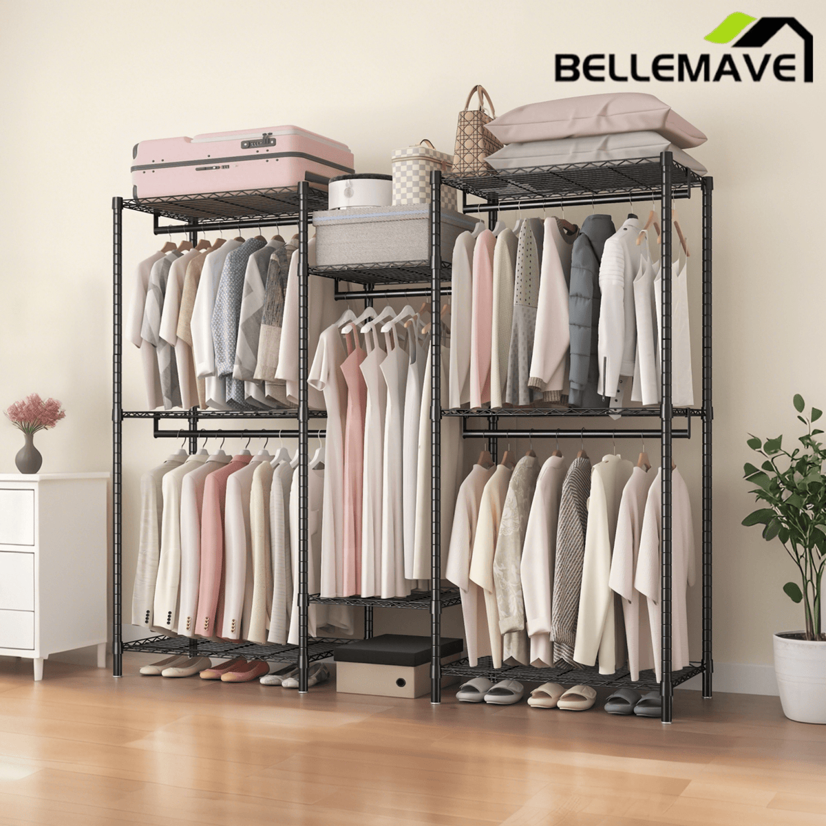 Bellemave® Heavy Duty Garment Rack, Freestanding Closet Organizer, Portable Wardrobe Clothes Rack, Adjustable Wire Shelving Clothes Rack - Bellemave