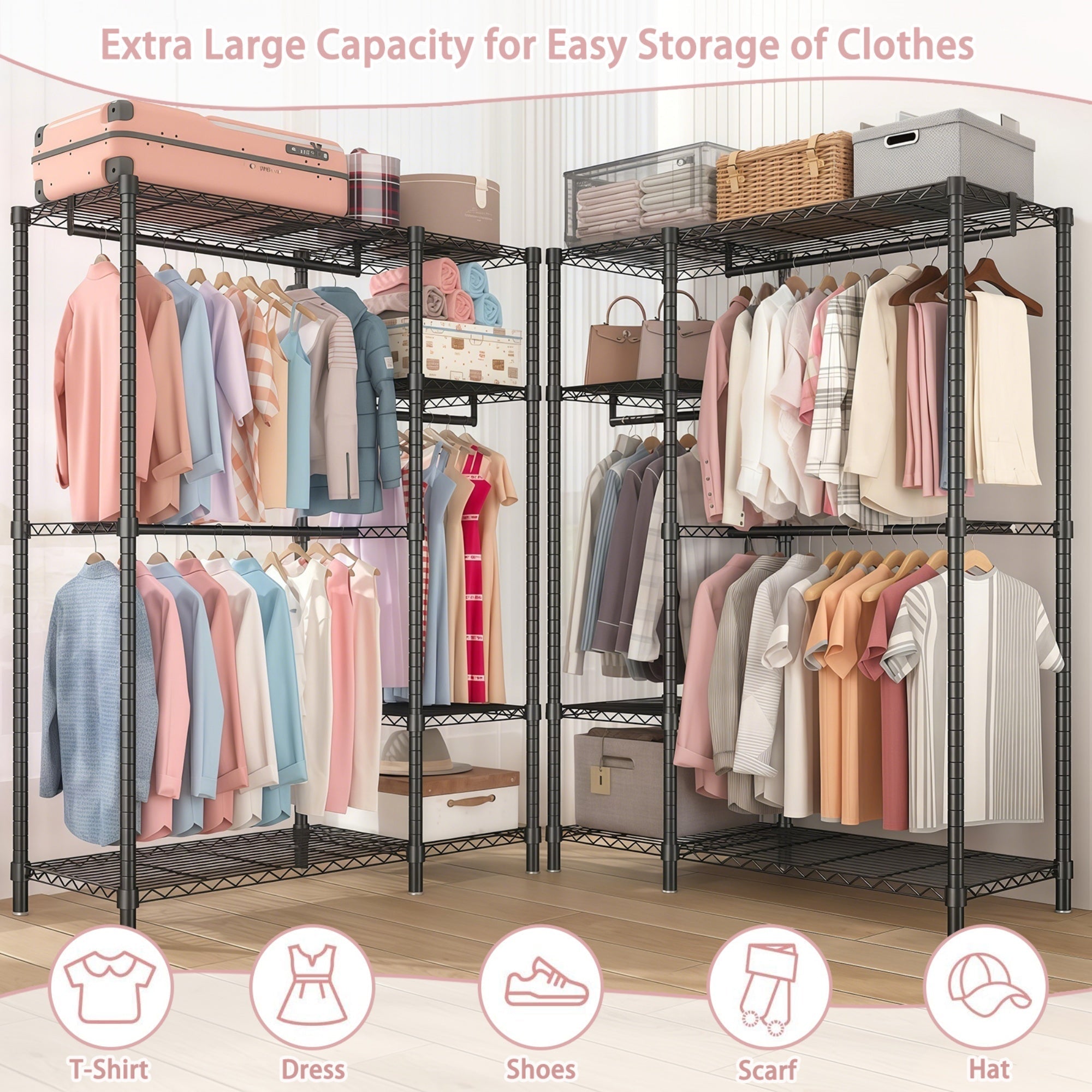 Bellemave® Heavy Duty Garment Rack, Freestanding Closet Organizer, Portable Wardrobe Clothes Rack, Adjustable Wire Shelving Clothes Rack - Bellemave
