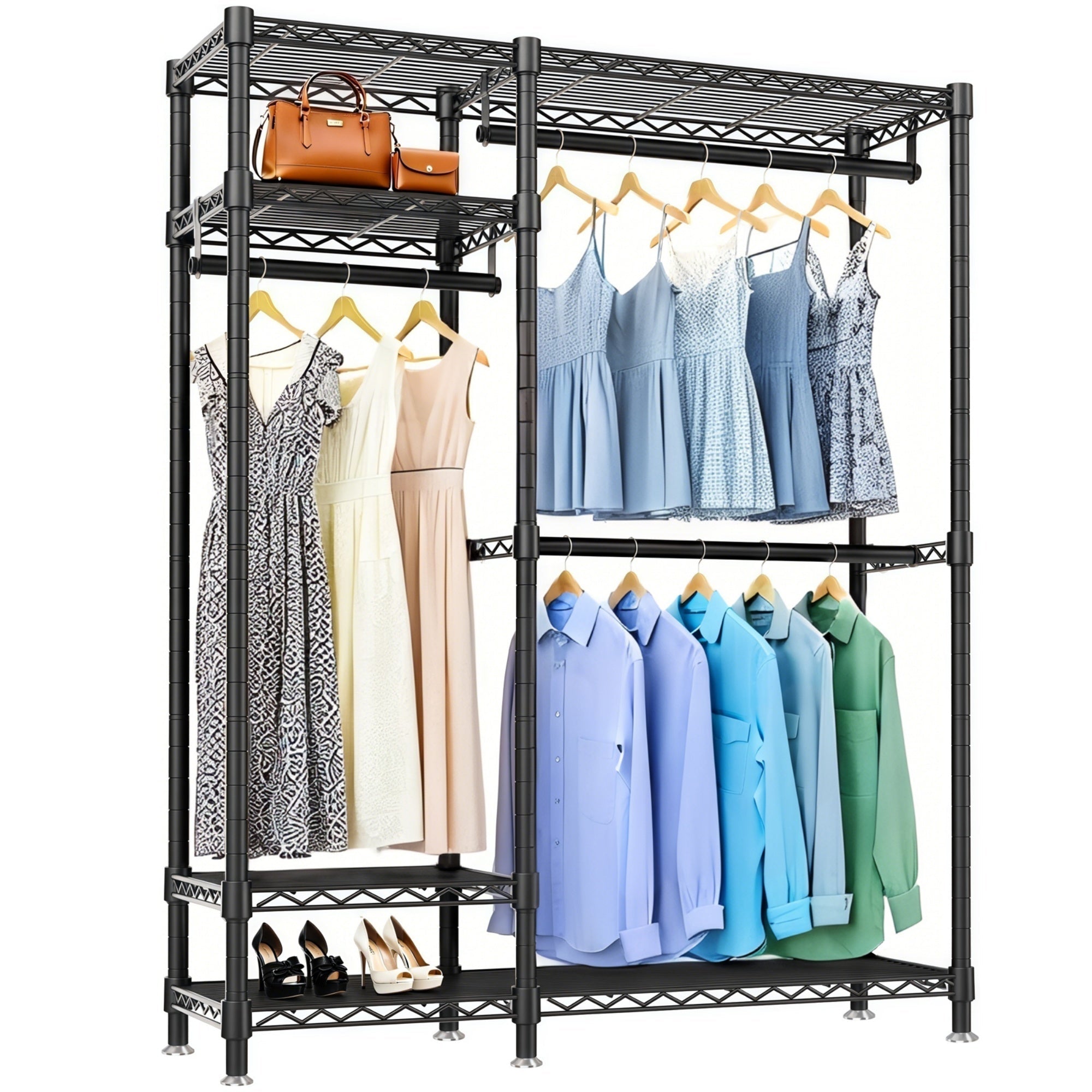 Bellemave® Heavy Duty Garment Rack, Freestanding Closet Organizer, Portable Wardrobe Clothes Rack, Adjustable Wire Shelving Clothes Rack - Bellemave