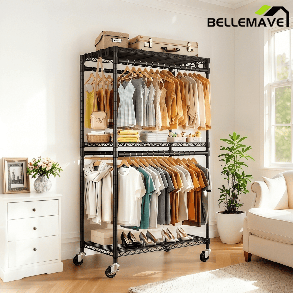 Bellemave® Heavy Duty Garment Rack, Freestanding Closet Organizer, Portable Wardrobe Clothes Rack, Adjustable Wire Shelving Clothes Rack - Bellemave