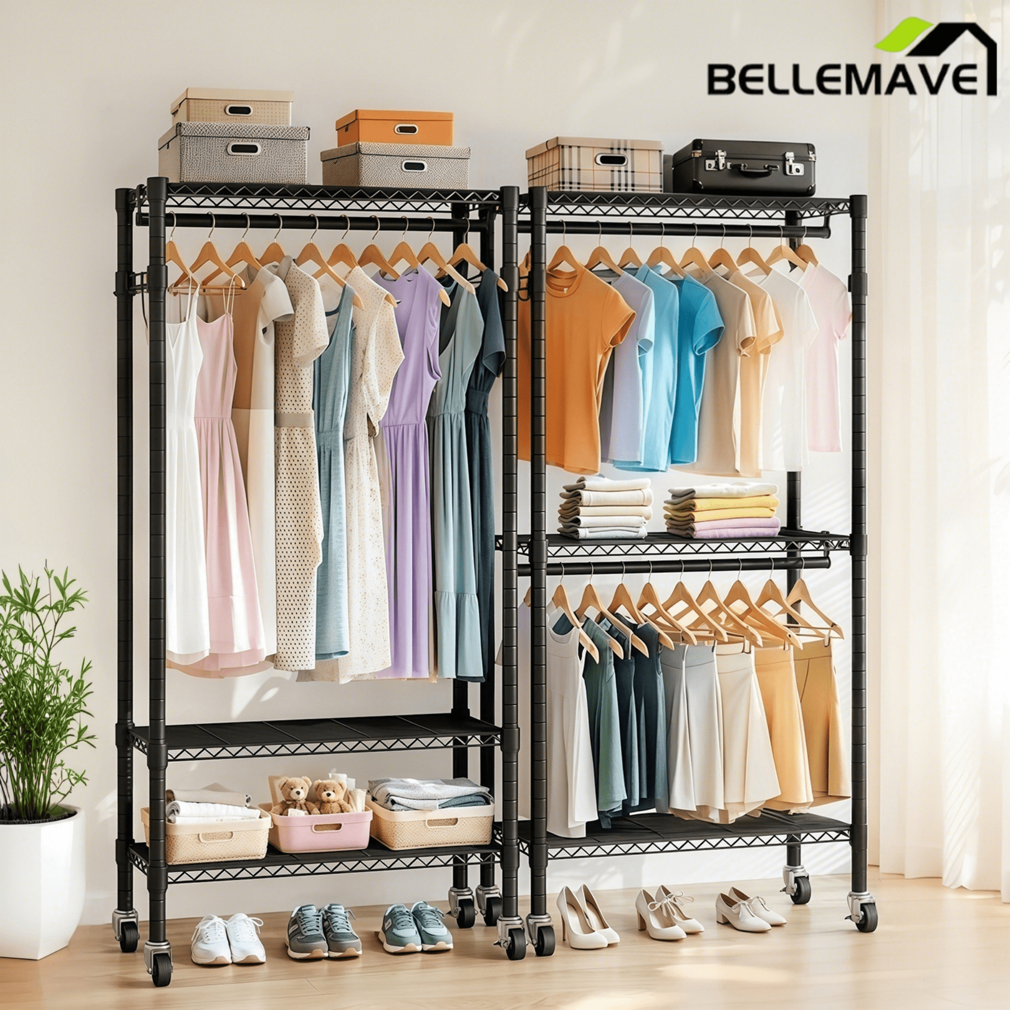 Bellemave® Heavy Duty Garment Rack, Freestanding Closet Organizer, Portable Wardrobe Clothes Rack, Adjustable Wire Shelving Clothes Rack - Bellemave