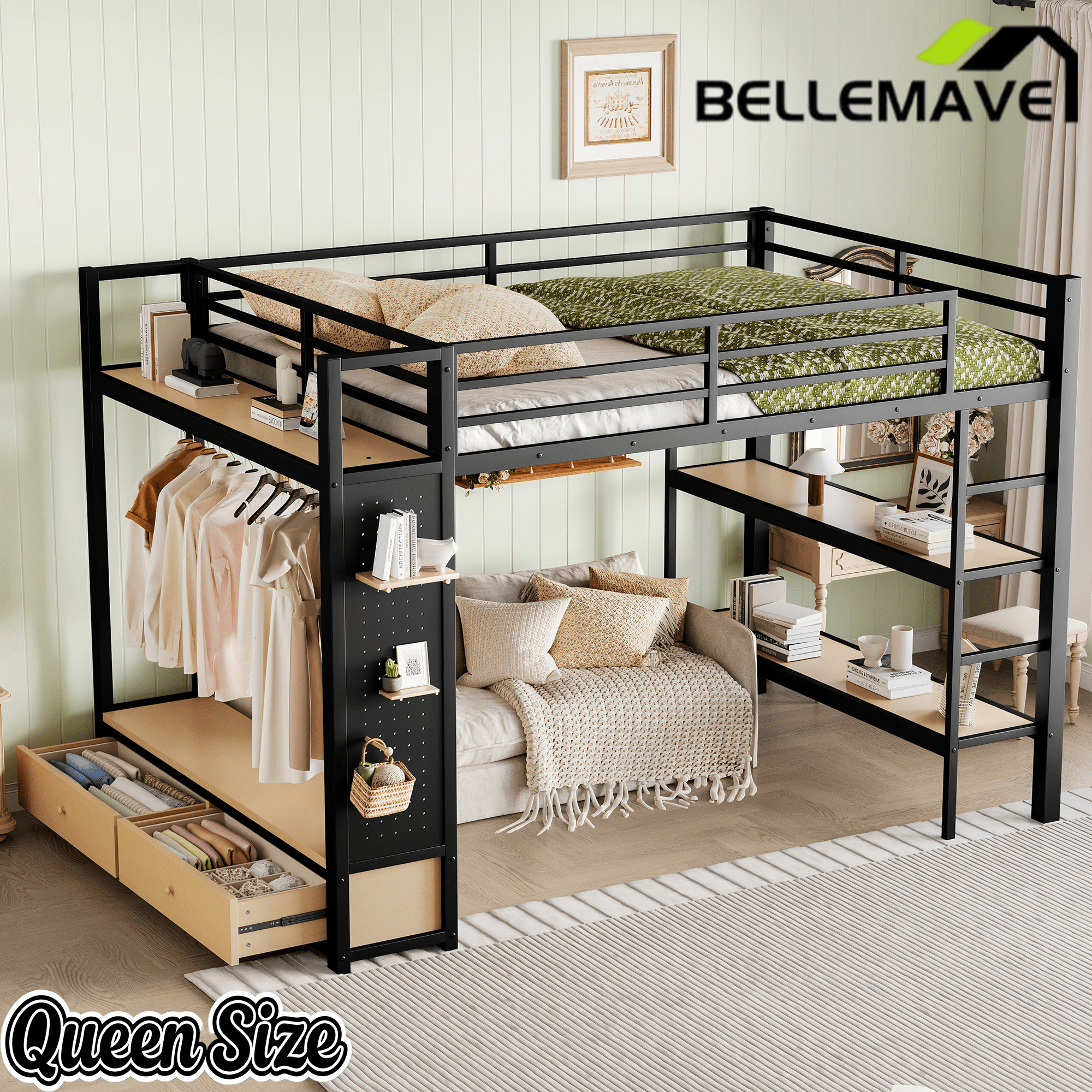Bellemave® Heavy Duty Loft Bed with Wardrobe, Storage Drawers & Shelves, Metal Loft Bed with Pegboard & Under Bed Space for Kids Teens, Adults, Black - Bellemave